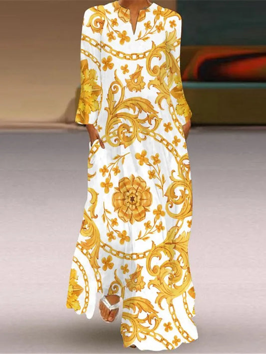 Women Abstract V Neck Long Sleeve Comfy Casual Maxi Dress