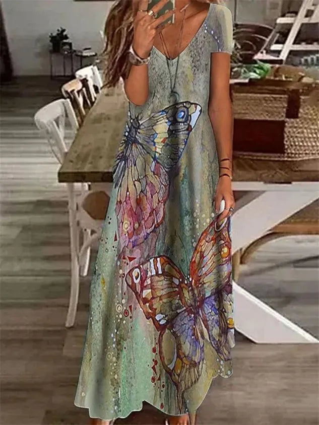 Women Butterfly V Neck Short Sleeve Comfy Casual Maxi Dress