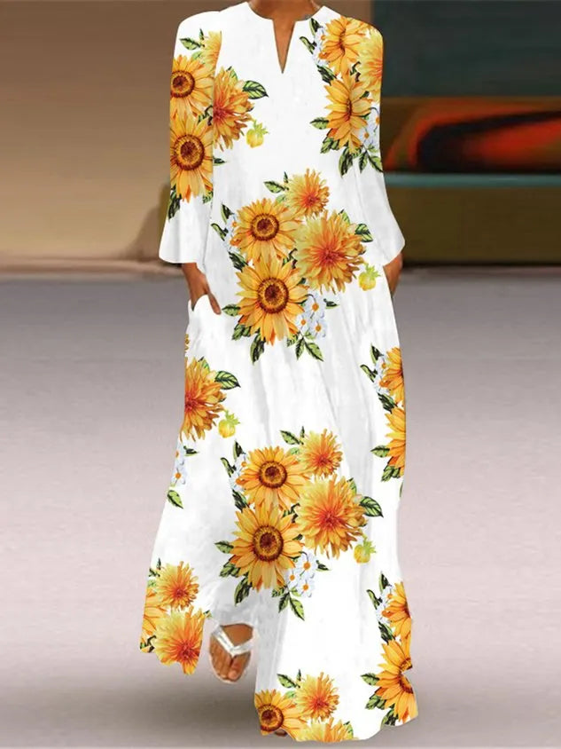 Women Abstract V Neck Long Sleeve Comfy Casual Maxi Dress