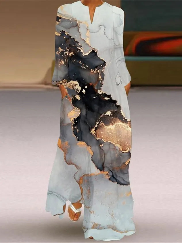 Women Abstract V Neck Long Sleeve Comfy Casual Maxi Dress