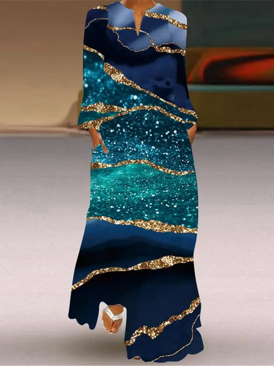 Women Abstract V Neck Long Sleeve Comfy Casual Maxi Dress